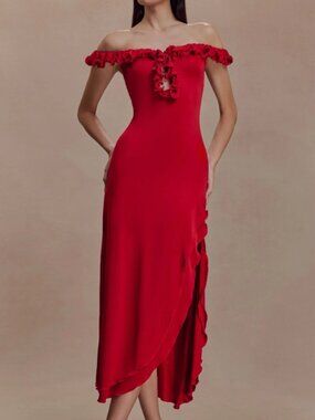 Meshki Red Midi Off the Shoulder Dress